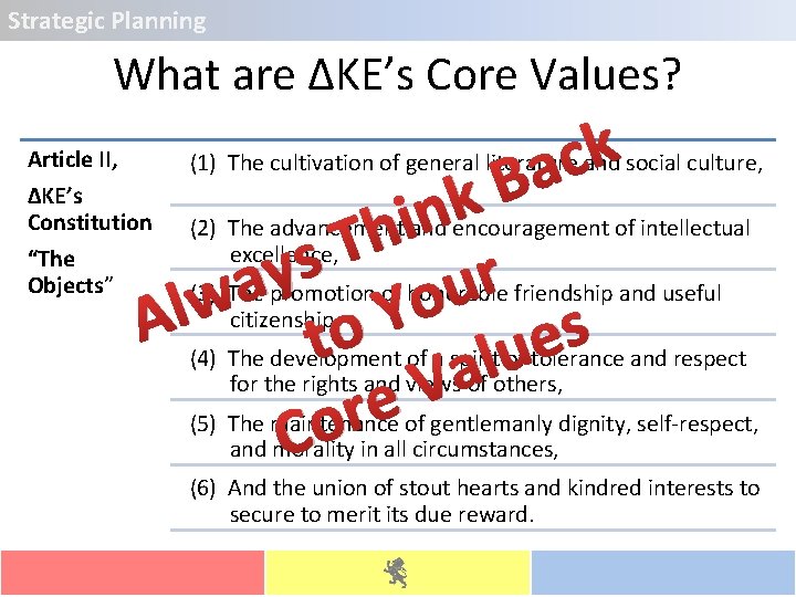 Strategic Planning What are ΔKE’s Core Values? Article II, ΔKE’s Constitution “The Objects” k