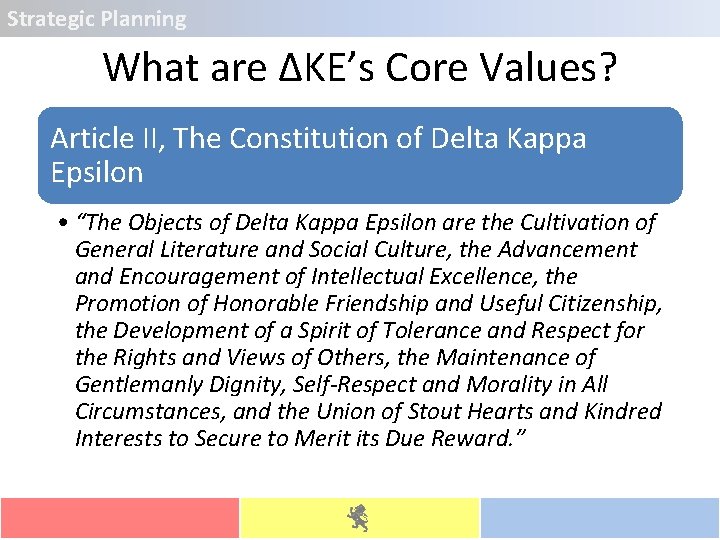 Strategic Planning What are ΔKE’s Core Values? Article II, The Constitution of Delta Kappa