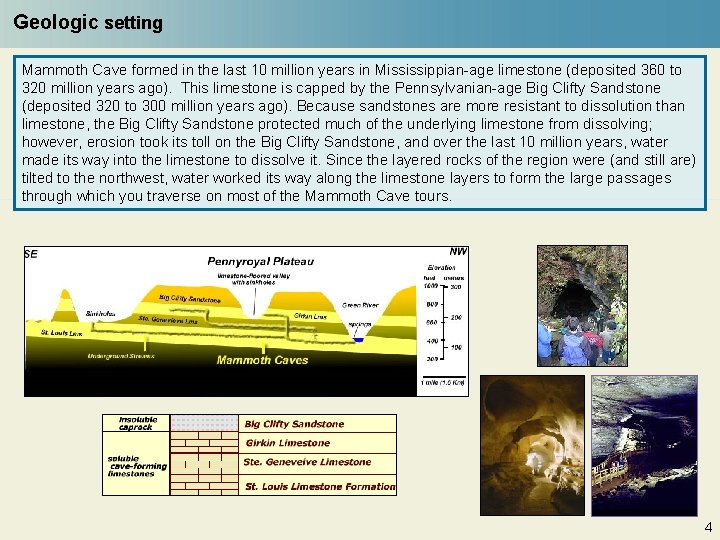 Geologic setting Mammoth Cave formed in the last 10 million years in Mississippian-age limestone