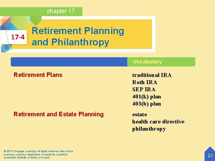 chapter 17 17 -4 Retirement Planning and Philanthropy Vocabulary Retirement Plans traditional IRA Roth