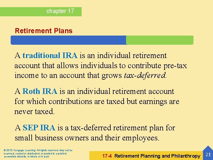 chapter 17 Retirement Plans A traditional IRA is an individual retirement account that allows