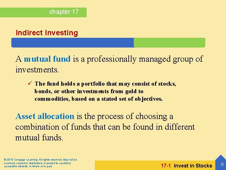 chapter 17 Indirect Investing A mutual fund is a professionally managed group of investments.