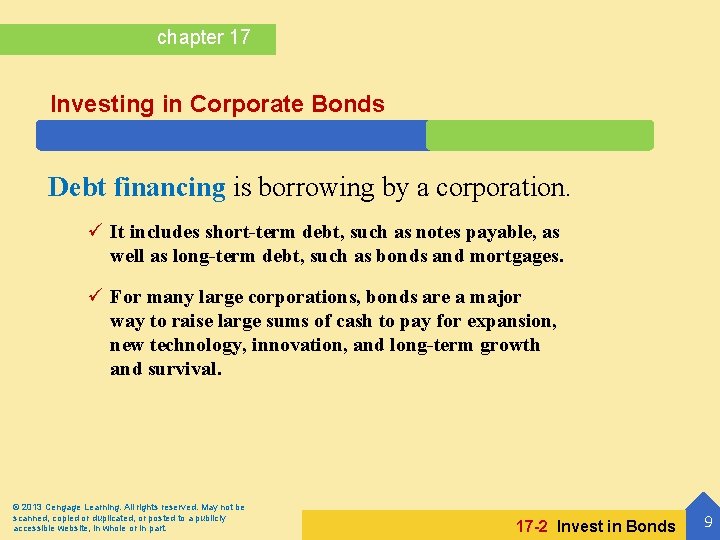 chapter 17 Investing in Corporate Bonds Debt financing is borrowing by a corporation. ü