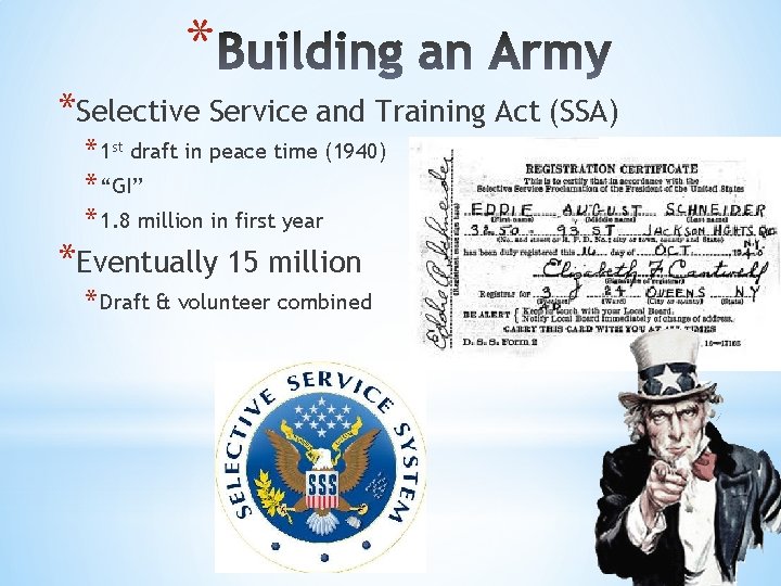 * *Selective Service and Training Act (SSA) * 1 st draft in peace time