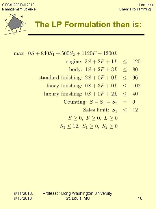 OSCM 230 Fall 2013 Management Science Lecture 4 Linear Programming II The LP Formulation