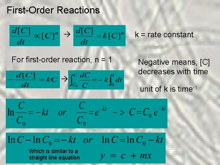 First-Order Reactions For first-order reaction, n = 1 k = rate constant Negative means,