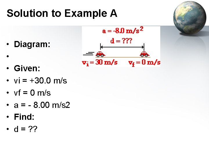 Solution to Example A • • Diagram: Given: vi = +30. 0 m/s vf