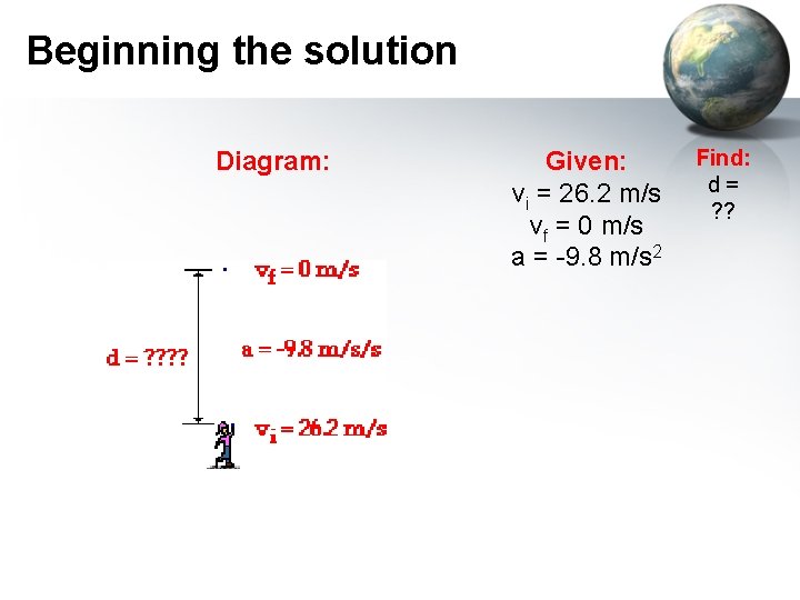 Beginning the solution Diagram: Given: vi = 26. 2 m/s vf = 0 m/s