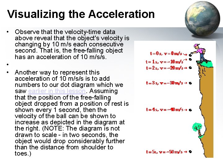 Visualizing the Acceleration • Observe that the velocity-time data above reveal that the object's