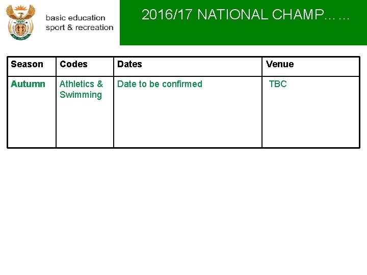 2016/17 NATIONAL CHAMP…… Season Codes Dates Venue Autumn Athletics & Swimming Date to be