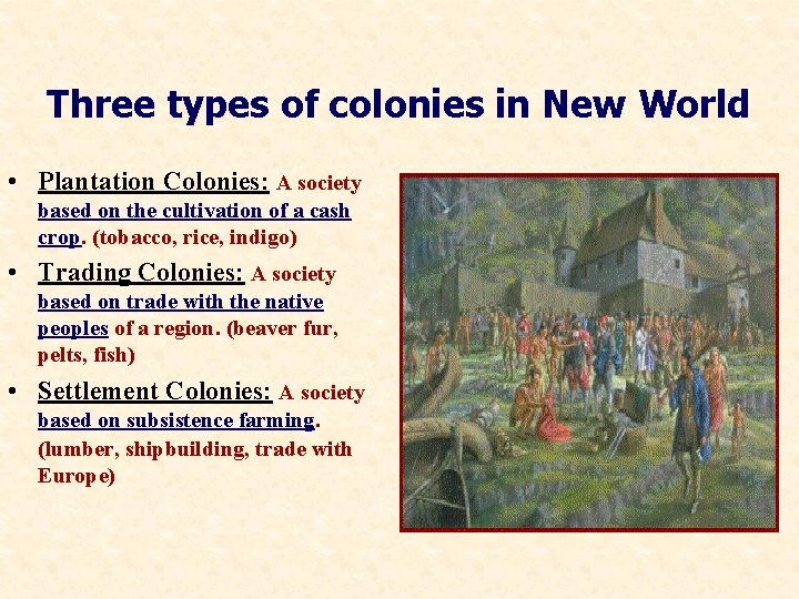 Three types of colonies in New World • Plantation Colonies: A society based on