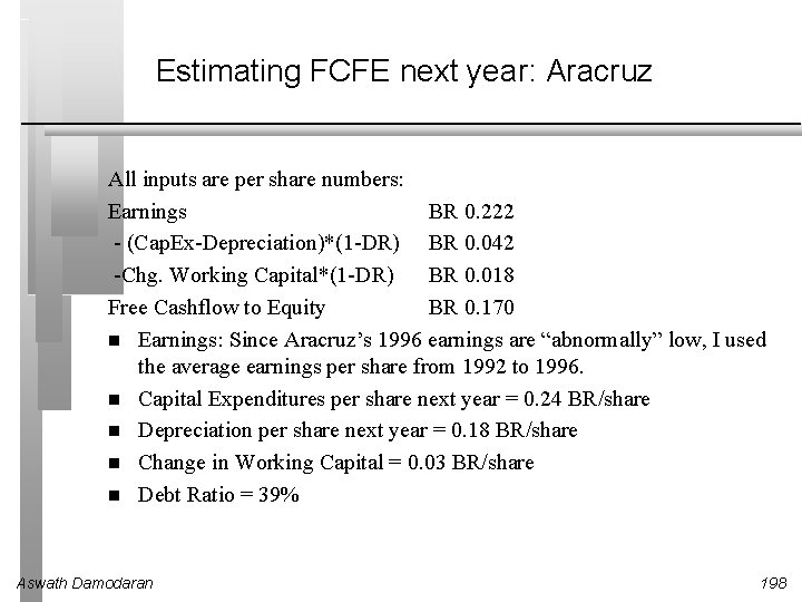 Estimating FCFE next year: Aracruz All inputs are per share numbers: Earnings BR 0.