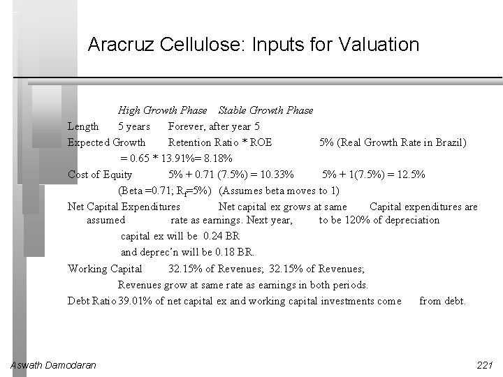 Aracruz Cellulose: Inputs for Valuation High Growth Phase Stable Growth Phase Length 5 years