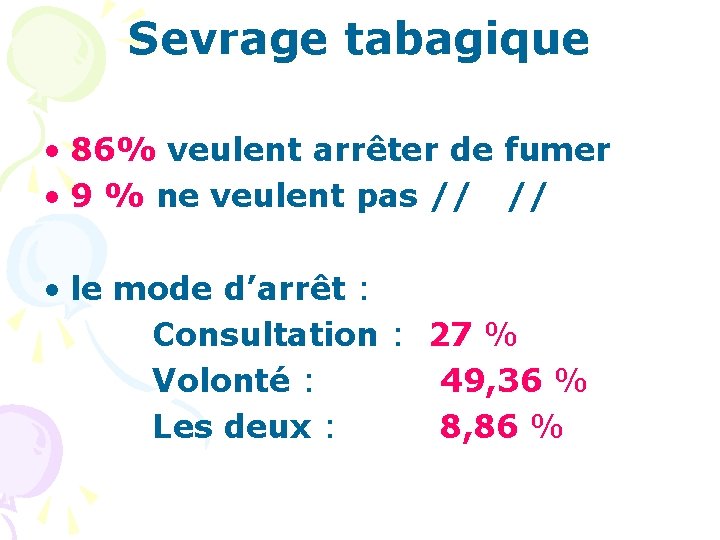 Sevrage tabagique • 86% veulent arrêter de fumer • 9 % ne veulent pas