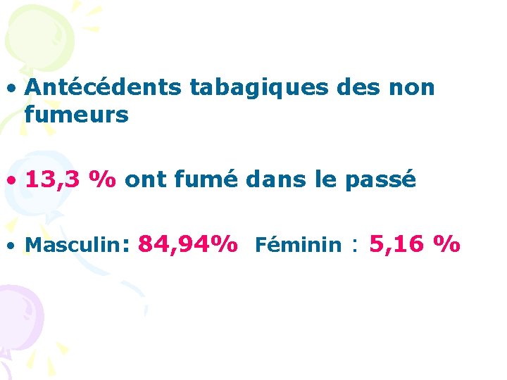  • Antécédents tabagiques des non fumeurs • 13, 3 % ont fumé dans