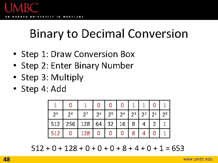 Binary to Decimal Conversion • • Step 1: Draw Conversion Box Step 2: Enter