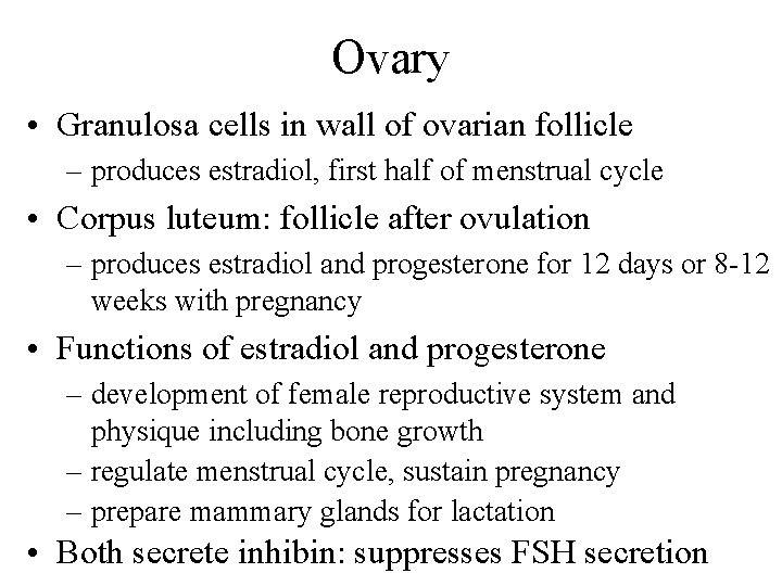 Ovary • Granulosa cells in wall of ovarian follicle – produces estradiol, first half