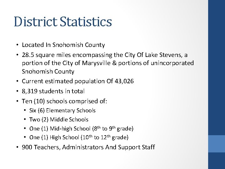 District Statistics • Located In Snohomish County • 28. 5 square miles encompassing the