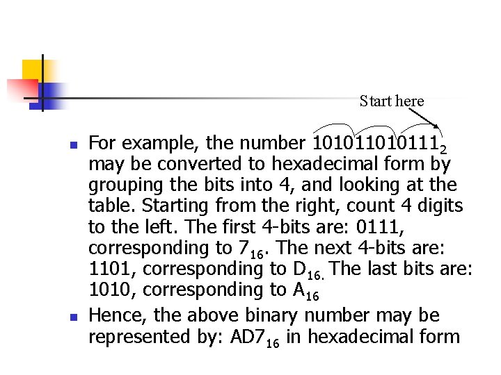 Start here n n For example, the number 10101112 may be converted to hexadecimal
