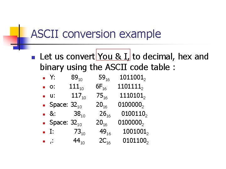 ASCII conversion example n Let us convert You & I, to decimal, hex and