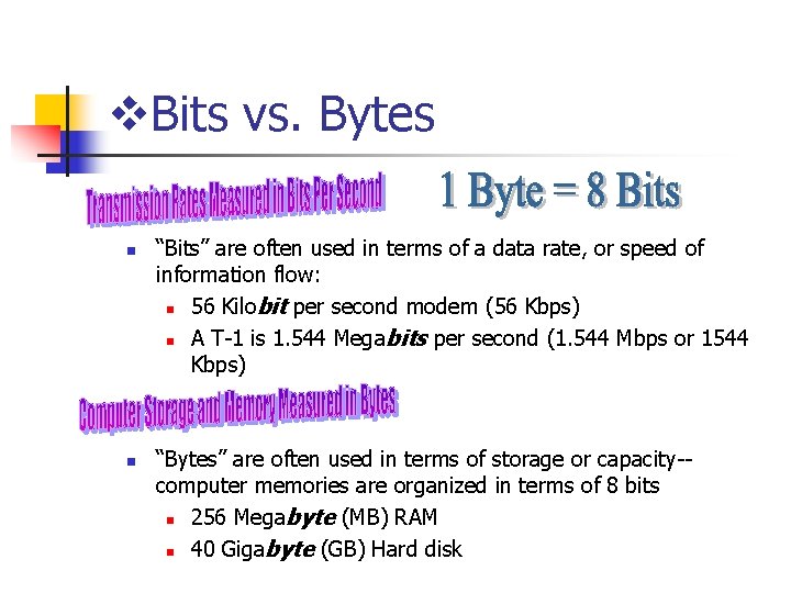 v. Bits vs. Bytes n n “Bits” are often used in terms of a