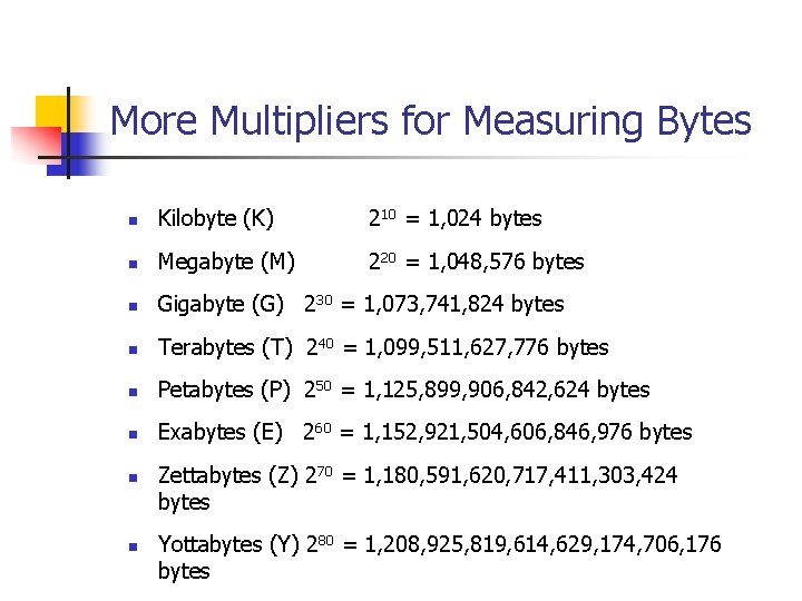 More Multipliers for Measuring Bytes n Kilobyte (K) 210 = 1, 024 bytes n