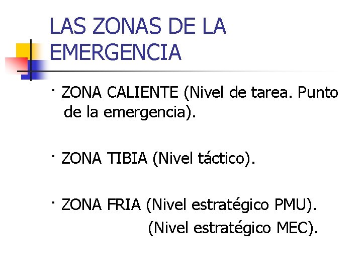 LAS ZONAS DE LA EMERGENCIA · ZONA CALIENTE (Nivel de tarea. Punto de la