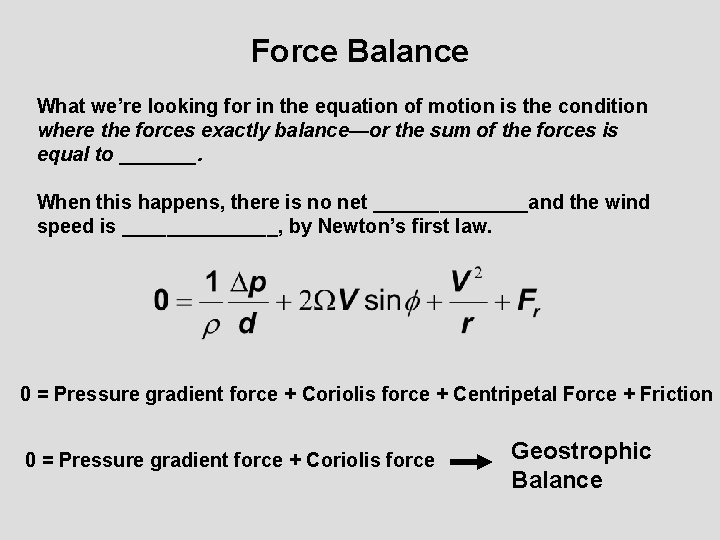 Force Balance What we’re looking for in the equation of motion is the condition