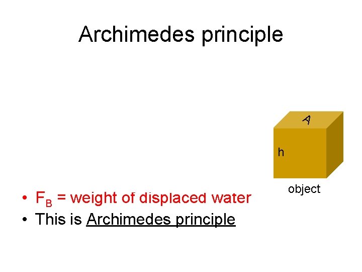 Archimedes principle • the pressure difference is ρW g h, so the buoyant force