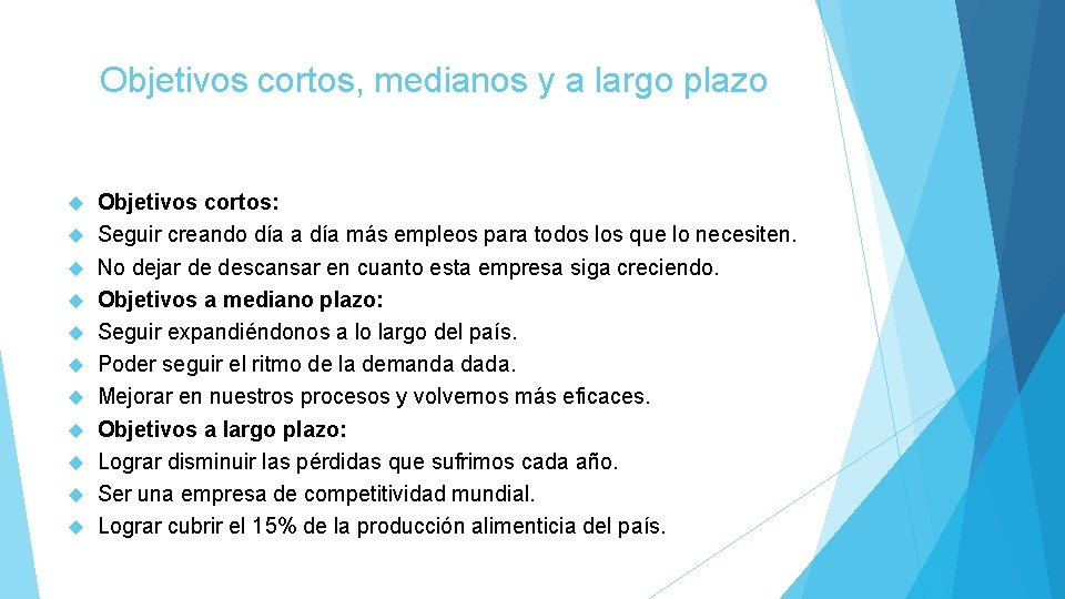 Objetivos cortos, medianos y a largo plazo Objetivos cortos: Seguir creando día a día