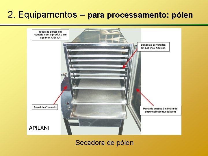 2. Equipamentos – para processamento: pólen APILANI Secadora de pólen 
