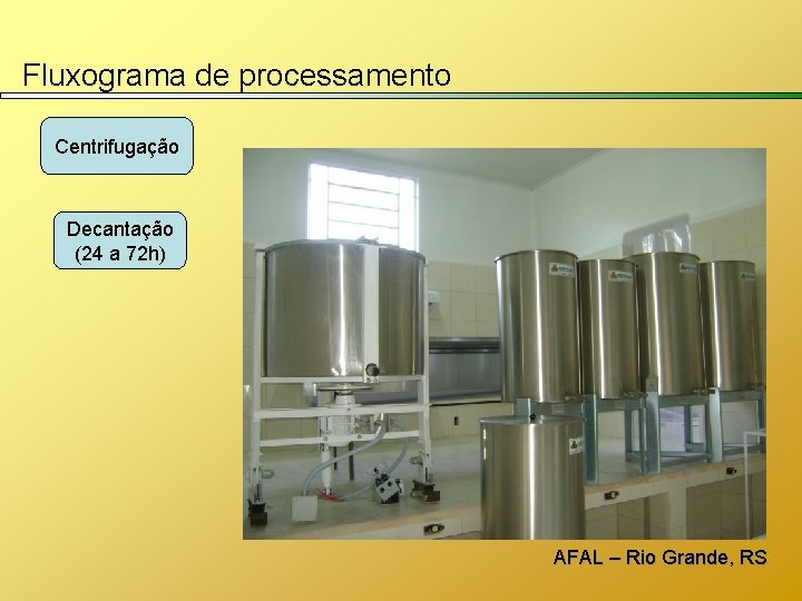 Fluxograma de processamento Centrifugação Decantação (24 a 72 h) AFAL – Rio Grande, RS