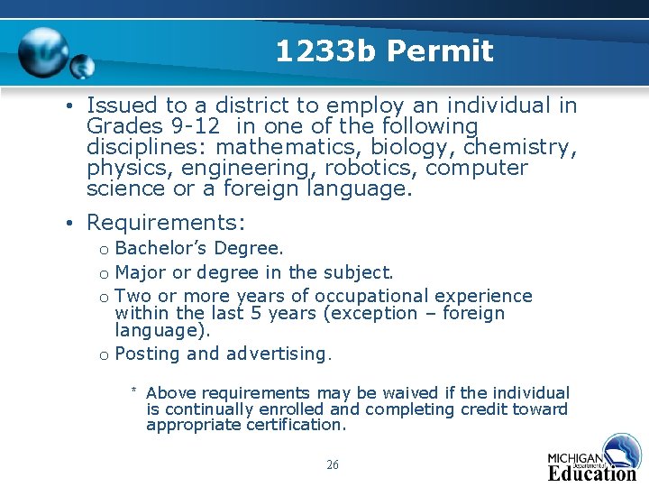 1233 b Permit • Issued to a district to employ an individual in Grades 1233 b Permit • Issued to a district to employ an individual in Grades