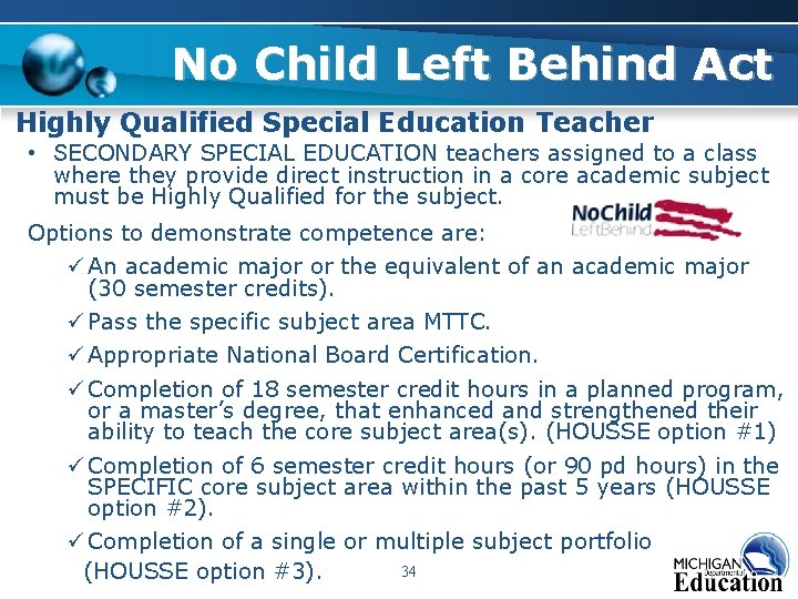 No Child Left Behind Act Highly Qualified Special Education Teacher • SECONDARY SPECIAL EDUCATION No Child Left Behind Act Highly Qualified Special Education Teacher • SECONDARY SPECIAL EDUCATION
