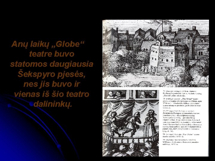 Anų laikų „Globe“ teatre buvo statomos daugiausia Šekspyro pjesės, nes jis buvo ir vienas Anų laikų „Globe“ teatre buvo statomos daugiausia Šekspyro pjesės, nes jis buvo ir vienas