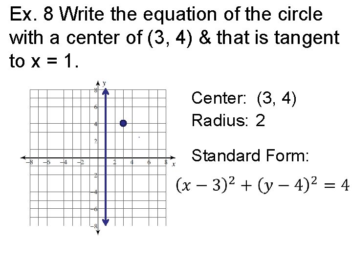 Ex. 8 Write the equation of the circle with a center of (3, 4)