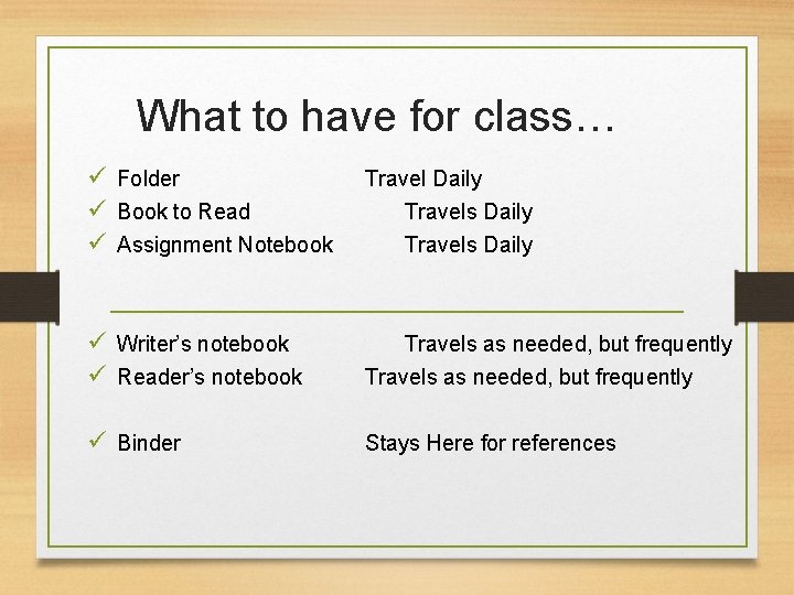 What to have for class… ü Folder ü Book to Read ü Assignment Notebook What to have for class… ü Folder ü Book to Read ü Assignment Notebook