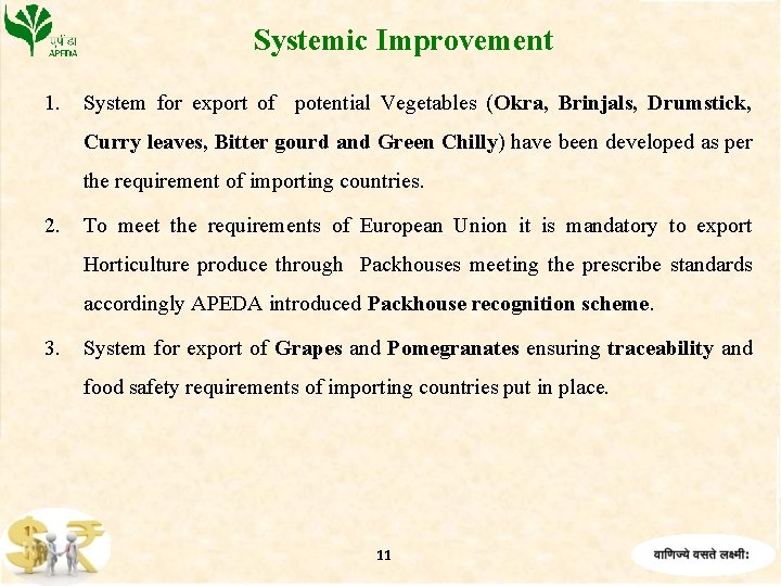 Systemic Improvement 1. System for export of potential Vegetables (Okra, Brinjals, Drumstick, Curry leaves,