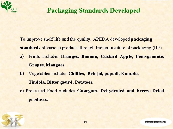 Packaging Standards Developed To improve shelf life and the quality, APEDA developed packaging standards