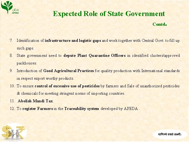 Expected Role of State Government Contd . 7. Identification of infrastructure and logistic gaps