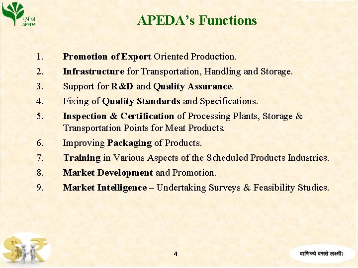 APEDA’s Functions 1. 2. 3. 4. Promotion of Export Oriented Production. Infrastructure for Transportation,