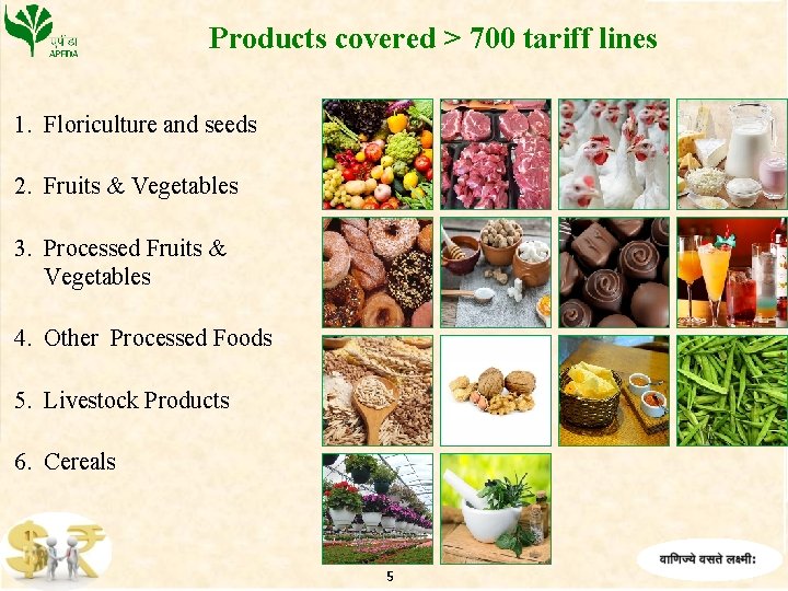 Products covered > 700 tariff lines 1. Floriculture and seeds 2. Fruits & Vegetables