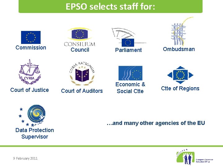EPSO selects staff for: Commission Court of Justice Council Court of Auditors Parliament Economic
