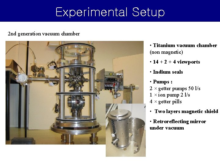 Experimental Setup 2 nd generation vacuum chamber • Titanium vacuum chamber (non magnetic) • Experimental Setup 2 nd generation vacuum chamber • Titanium vacuum chamber (non magnetic) •