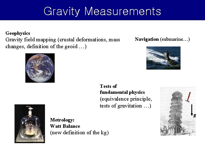 Gravity Measurements Geophysics Gravity field mapping (crustal deformations, mass changes, definition of the geoid Gravity Measurements Geophysics Gravity field mapping (crustal deformations, mass changes, definition of the geoid