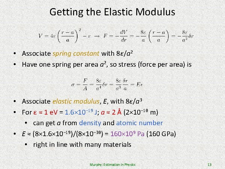 Getting the Elastic Modulus • Associate spring constant with 8ε/a 2 • Have one