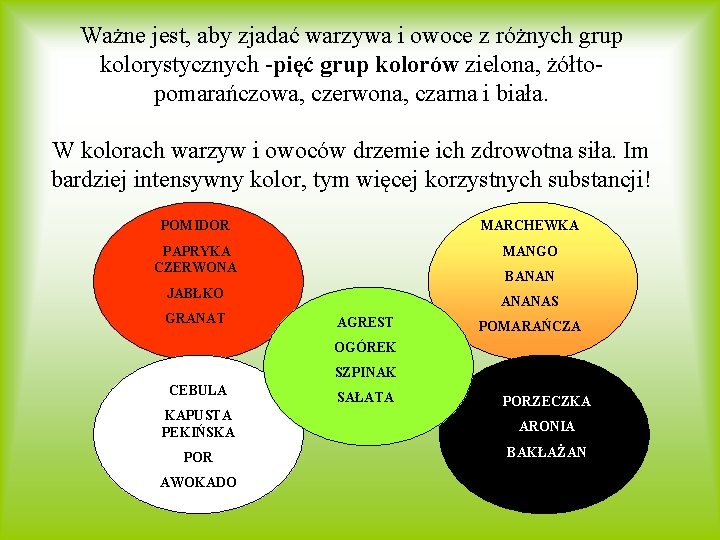 Ważne jest, aby zjadać warzywa i owoce z różnych grup kolorystycznych -pięć grup kolorów