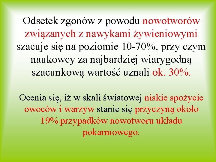 Odsetek zgonów z powodu nowotworów związanych z nawykami żywieniowymi szacuje się na poziomie 10