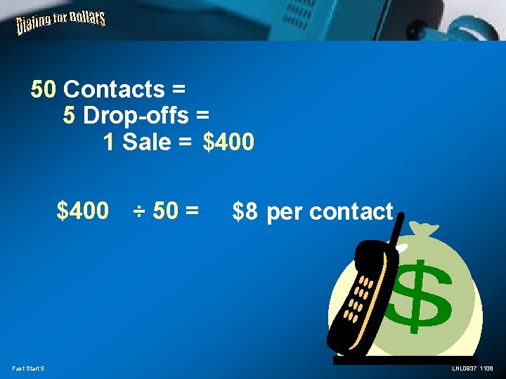 50 Contacts = 5 Drop-offs = 1 Sale = $400 ÷ 50 = Fast