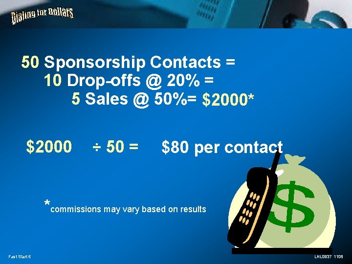 50 Sponsorship Contacts = 10 Drop-offs @ 20% = 5 Sales @ 50%= $2000*